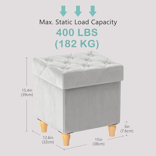 Image of CAROLMADE Folding Storage Ottoman Cube Velvet Footstool with Wood Legs Ottoman Footrest for Living Room and Bedroom, Grey 15 inchx12.6 inchx15.4 inch