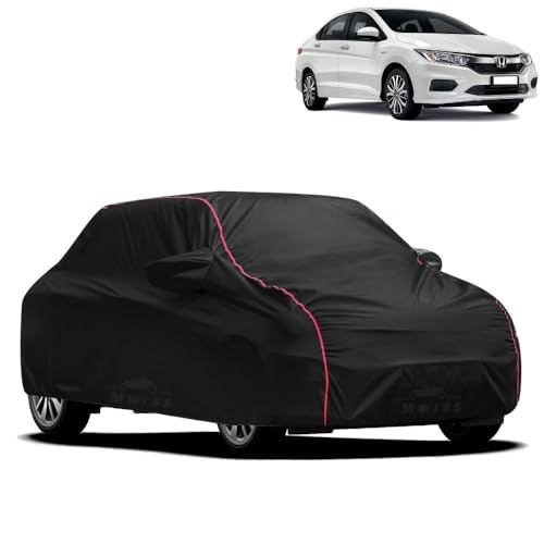 Image of Waterproof Car Cover for Honda City | All-Weather Protection, Dustproof & UV Resistant | Triple Stitched Mirror Pockets, Windproof Buckle Strap with Elastic Hem, Black-Red Piping