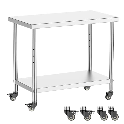 VANATIEN Stainless Steel Work Table with Wheels, 35.4 x 23.6 Inch Heavy Duty Rolling Cart, 2 Tier Adjustable Shelf Kitchen Cart Microwave Cart for Home Garage Commercial Outdoor Use