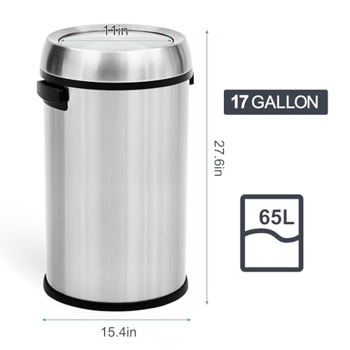 Image of 17 Gallon /65 Liter Stainless Steel Swing Top Trash Can, Heavy Duty Round Trash Bin with Swing Lid, Commercial Large Garbage Can, Ideal for Kitchen, Restaurant, Office, Silver