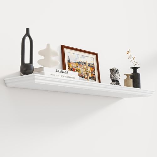 Fun Memories Floating Shelves 40 Inch Long, 9.3 Inch Deep Classic Crown Molding Floating Shelves for Wall, Rustic Wooden Shelves for Wall Decor Bathroom, Kitchen, Office, (White, 1Pack)