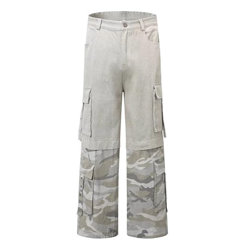 XYXIONGMAO Men's Grey Wide Leg Cargo Camo Patchwork Multi-Pocket Techwear Pants Loose Hip Hop Streetwear Hip Hop Trousers