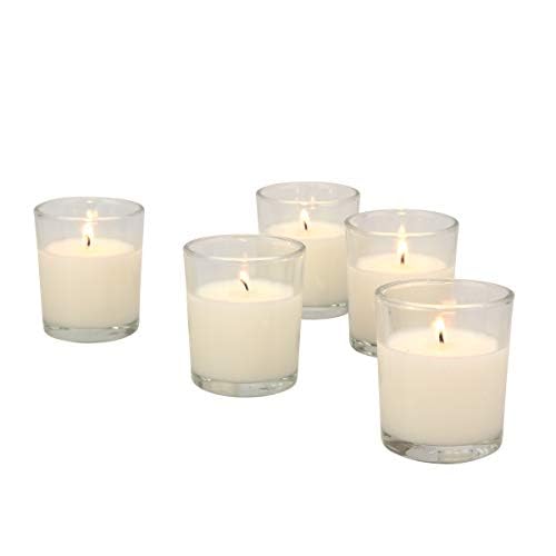 Image of Stonebriar 96 Pack Unscented Long Burning Clear Glass Ivory Wax Filled Votive Candles