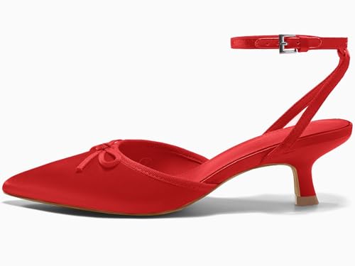 Image of Coutgo Satin Kitten Low Heels with Bow Closed Pointed Toe Short Pumps Dress Wedding Party Shoes