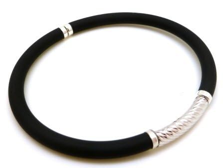 Minoplata Pulsera elástica caucho negro y Plata de ley tallada