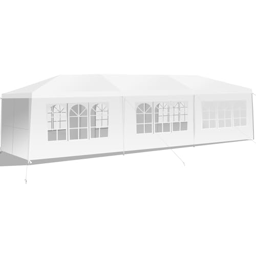 HOMASIS Carpa de Jardín Impermeable, Pabellón de jardín con 8 Paredes Laterales Desmontables y Ventanas, Cenador Plegable de Marco de Metal con protección UV, para jardín, Fiesta, Boda, 3x9m, Blanco