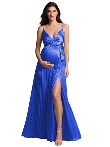 Satin Maternity Dress for Baby Shower V Neck with Slit Formal Dresses for Pregnant Women