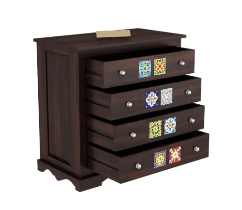 Image of Wooden Chest of Drawers for Living Room with 4 Drawer - Solid Wood Chest of Drawers Wooden Drawer Cabinet Chest of Drawer for Bedroom Storage Cabinet (James, Walnut Finish)