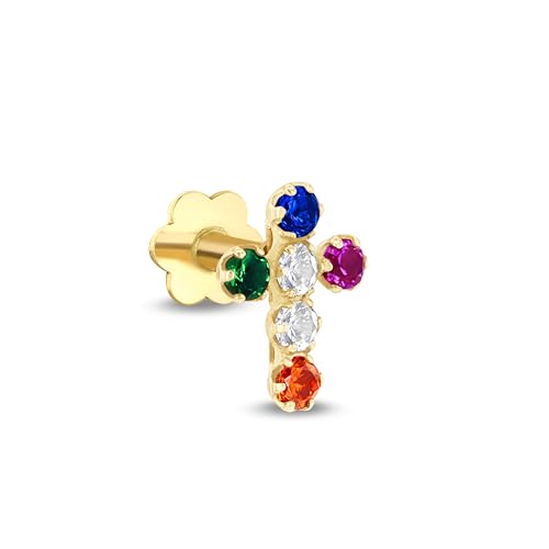 Labret Croix en Or Jaune 9 ct et CZ Multicolore 1,5 mm pour Femme