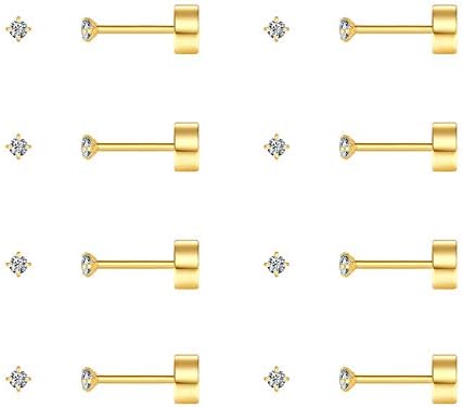 FOSIR 8 Pairs Tiny Cartilage Stud Earrings for Women Men Flatback Earrings Stainless Steel Cubic Zirconia Earrings Set, 20G, Gold Silver Black Rose Gold
