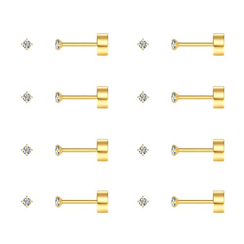 8 Pairs Tiny Flat Back Earrings for Women Men 14K Gold Plated Surgical Stainless Steel Stud Earrings Hypoallergenic Cubic Zirconia Cartilage Earrings, 2mm 3mm 4mm