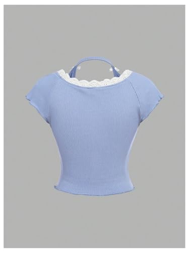 Girl's Lace Trim Cap Sleeve Crop Tops Bowknot Ruched Halter Neck T Shirts Cutecore Clothes2