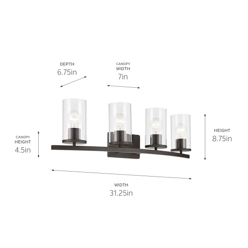 Image of Kichler Crosby 4-Light Bathroom Vanity Light Fixture with Clear Glass, 31.25 inch Modern Wall Mount Light in Olde Bronze for Bathroom Over Mirror (31.25 inch x 8.75 inch), 45498OZCLR