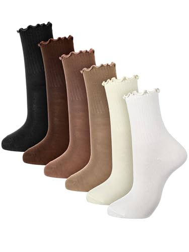 Image of Fourluoo 6 Pairs Ruffle Socks Women Cute Crew Frilly Sock Cuff Casual Ankle Breathable Cotton Socks for Girls Women