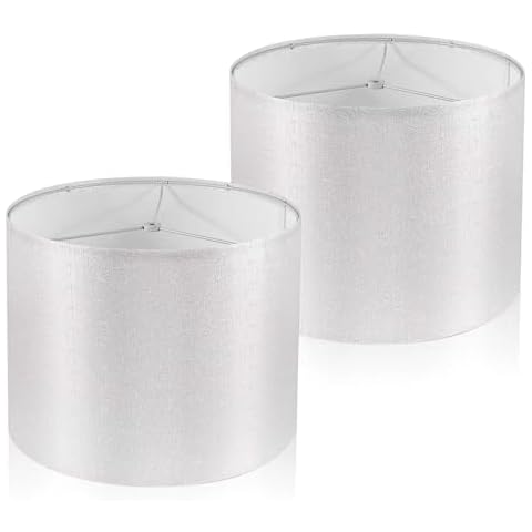 Koorle Lamp Shades Set of 2, Drum Lampshade for Table Lamps Floor Lamp, 13" Top X 13" Bottom X 10" High White Sliver Large Line Fabric Lamp Shades, Easy Assembly Replacement Lampshades Cover