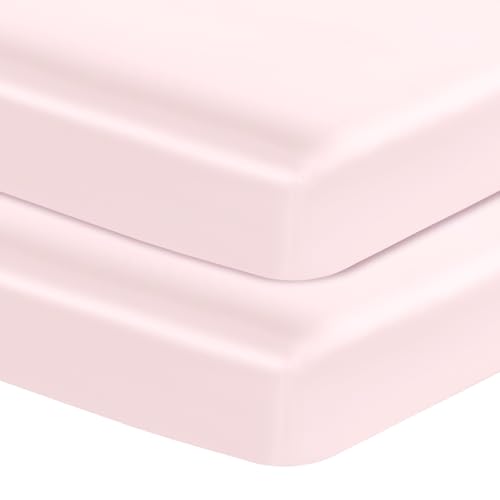 Image of Entisn 28x52 Satin Fitted Crib Sheet 2 Pack, Baby Pink | 8-Inch Deep Pocket Snug Fit, Silky Satin Protects Hair And Skin, No-Slip Reinforced Edges, Machine Washable Fade-Resistant