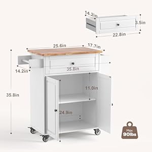 Gizoon Kitchen Island Cart with Adjustable Shelf, 35.8" W Mobile Trolley Cart on Metal Wheels with Drawer & Storage Cabinet, Spice Rack & Towel Rack, Wooden Countertop, for Dining Room, Bar, White Gizoon Kitchen Island Cart with Adjustable Shelf 358 W Mobile Trolley Cart on Metal Wheels with Drawer Storage Cabinet Spice Rack Towel Rack Wooden Countertop for Dining Room Bar White