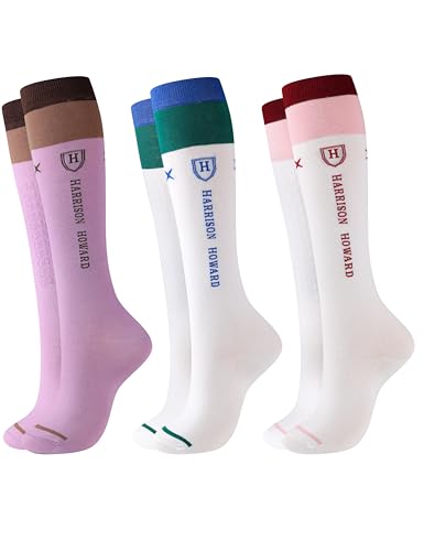Harrison Howard Equestrian Knee-High Socks 3-Pairs Moisture-Wicking Silicone Anti-Slip Compatible with Long Boots/Short Boots Plum-White/Blue-White/Pink