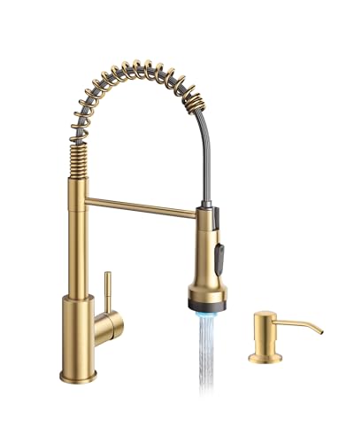 Image of GIMILI Gold LED Kitchen Faucet with Soap Dispenser, Modern Single Handle Spring Kitchen Sink Faucets with Pull Down Sprayer