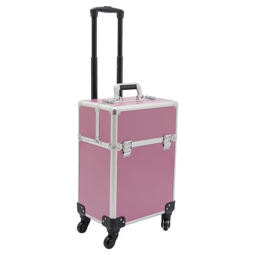Rolling Makeup Train Case, Professional Aluminum Trolley Cosmetic Train Case with 360° Rotation Wheels & Key, Barber Case Traveling Cart for Nail Technicians Cosmetology Case for Hairstylist, Pink