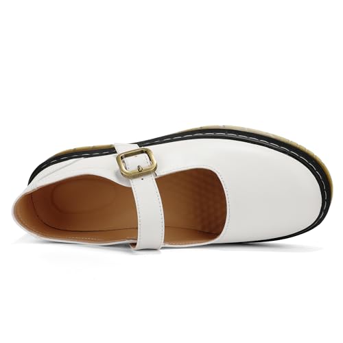 Image of Women's Mary Jane Flat Shoes Comfort Platform Buckle Ankle Strap Flats Breathable Slip On Lightweight Office Work Shoes White,8 US