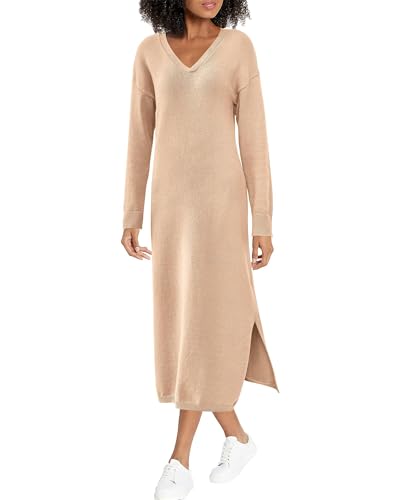 Image of BTFBM Womens Fall Fashion 2025 Sweater Dress Casual V Neck Long Sleeve Slit Knit Oversized Sweaters Winter Maxi Dresses