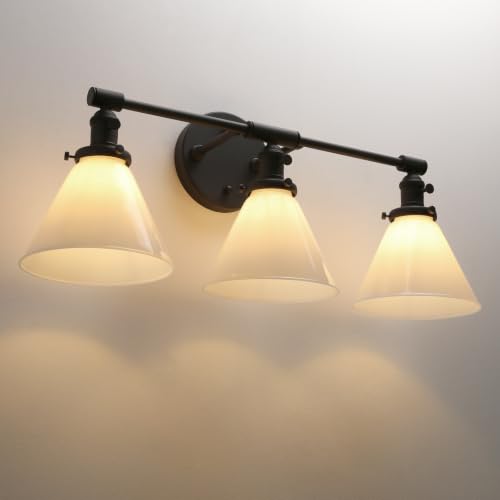 Image of Vintage Industrial 3-Light Bathroom Vanity Light with Milk Glass lampshade - Antique Brass Wall Sconce for Over Mirror, E26 Socket, Hardwired Installation