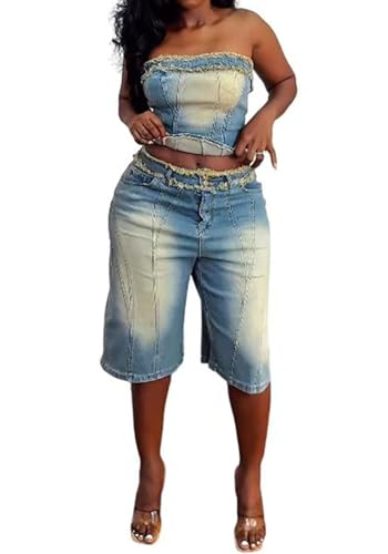 Women Fashion 2 Piece Denim Sets Sexy Tube Crop Tops and High Waisted Short Jeans Fascinating Jean Outfits Streetwear4