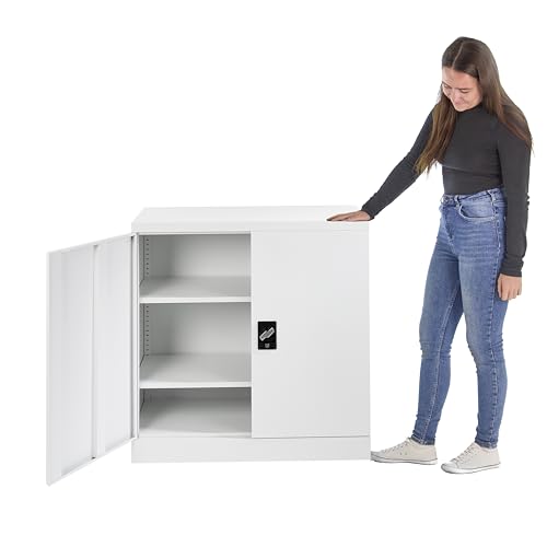 Steel Office Storage Cupboard White 2 Door Locking Bookcase Cabinet 90 cm Tall 90 cm Wide - 1 Internal Adjustable Shelf