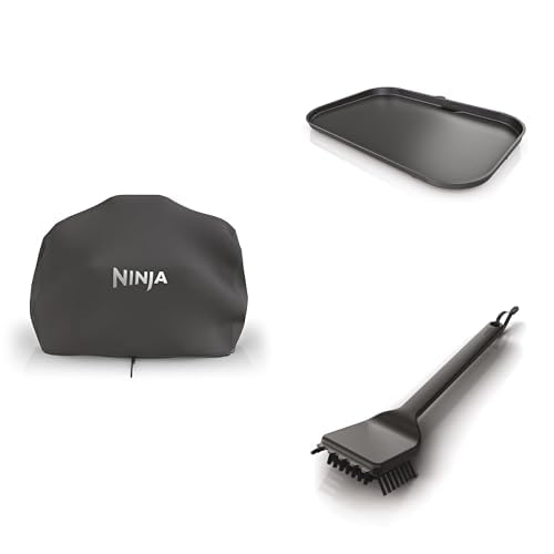 Ninja Woodfire Housse pour Barbecue XL, Compatible avec OG850 / OG901, XSKOGXLCVREU + Plancha XL, Plaque à rainures Plate Non adhésive, XSKOGXLFPLTEU + Brosse de Nettoyage de Barbecue, XSKOGXLCNBSEU