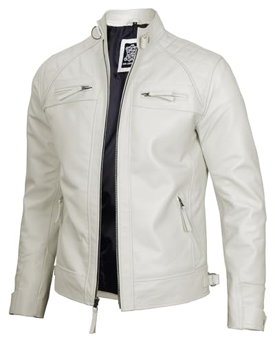 Image of fjackets Mens Leather Jacket Moto Style Real Lambskin Leather Jacket, Quilted Cafe Racer Classic Zip Up Biker Jacket for Men