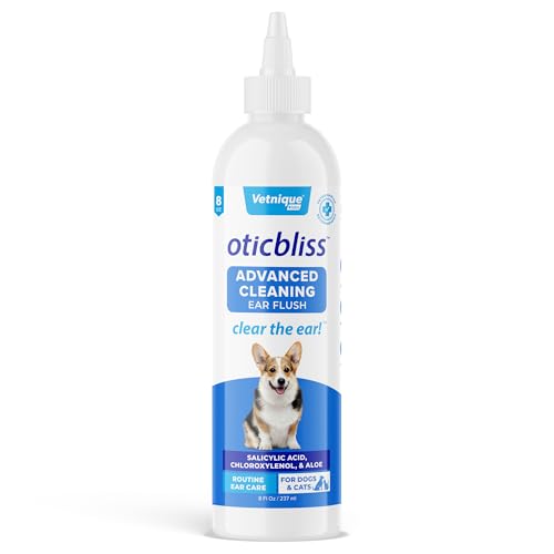 Vetnique Oticbliss Cat & Dog Ear Cleaners: Medicated Dog Ear Drops for Infection, Antiseptic Flush, & Wipes to Reduce Itchy Ears & Head Shaking - Vet Recommended for Itchy Ears (8oz, Flush)