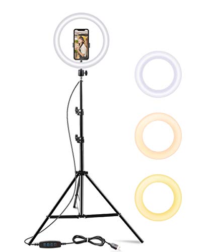 SJGCLUMEN 10 inch Selfie Ring Light with Tripod Stand Phone Holder LED Circle Light Dimmable led Beauty Camera Ring Light for YouTube TikTok Compatible with iPhone 11 12 Pro Xs Max XR Android