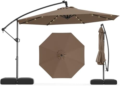 Tangkula 10ft Solar LED Patio Umbrella with Base, Offset Cantilever Outdoor Umbrella with 32 LED Lights, Infinite Tilt, 360 Degree Rotation, Crank Handle for Pool Deck Garden Backyard (Tan)