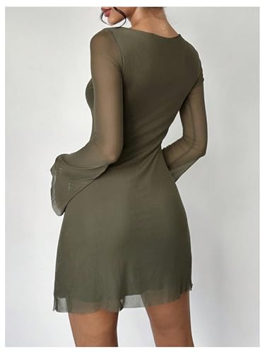 Image of GORGLITTER Women's Bell Long Sleeve Mini Dress Y2k Fall 2025 Mesh Boat Neck Going Out Club Bodycon Short Dress