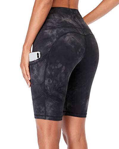 Oalka Women's Short Yoga Side Pockets High Waist Workout Running Shorts Tie Dye Graphite Black Grey Medium #TOP1