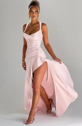Silk Satin Bridesmaid Dresses with Slit Mermaid Ruffles Backless Formal Prom Dresses for Women3