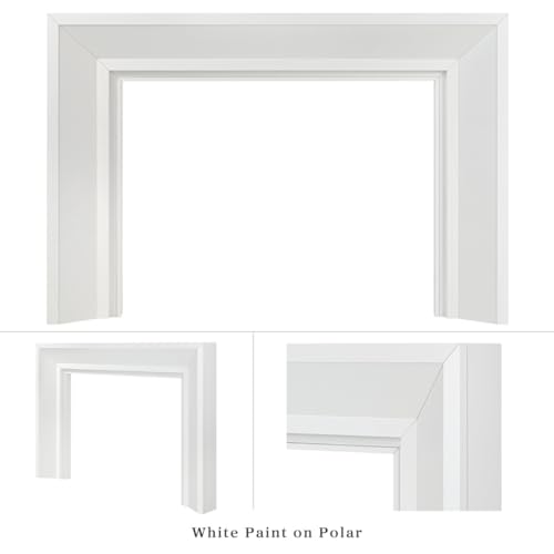 Image of Modern Ember Everly Wood Fireplace Mantel Surround Kit in White | 56 inch x 42 inch Opening | 80 inch x 54 inch Overall | Modern Picture Frame Design | Includes Poplar Wooden Mantel Surround & Shelf