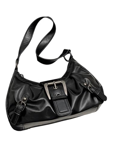 Women's Glossy PU Leather Top Handle Y2k Buckle Shoulder Bag Retro Punk Handbag Clutch Purse