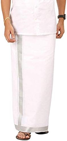 Kolakeer™ Men's Cotton Dhoti with Elegant Kasavu Zari Border - 3.6 Mtrs/8 Mulam/Double Layer South Indian Veshti Mundu (100K Silver Zari, White)