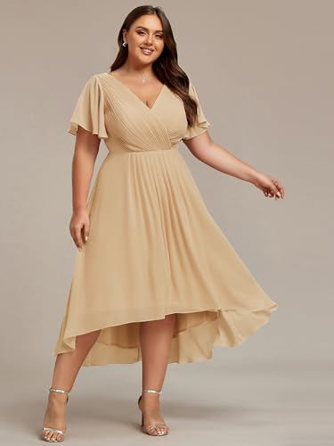 Image of Ever-Pretty Plus Summer Short Sleeves V-Neck Formal Wedding Guest Dresses for Curvy Women Chiffon Midi Cocktail Party Dress