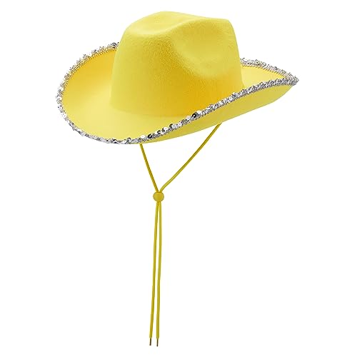 Edhomenn Viqwqii Chapeau de cowboy moelleux à large bord pour femme, casquette de cowgirl pour cosplay, fête, accessoire de déguisement (paillettes jaunes, taille unique)