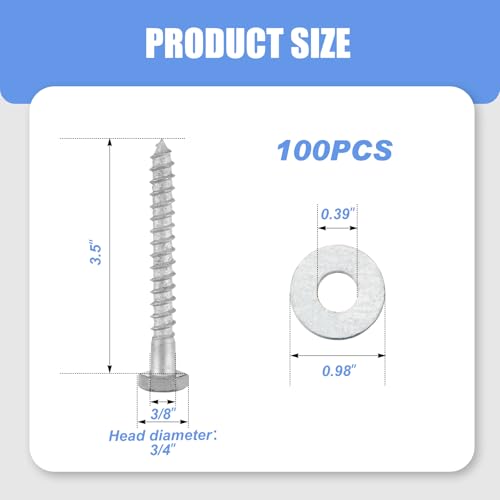 Image of 100 Pcs 3 /8 inch x 3-1 /2 inch Lag Bolts for Wood Lag Screws with Washers Bulk | Hot Dip Galvanized Hex Head Screws Heavy Duty for Wood, Deck, Furniture, Boat Repair