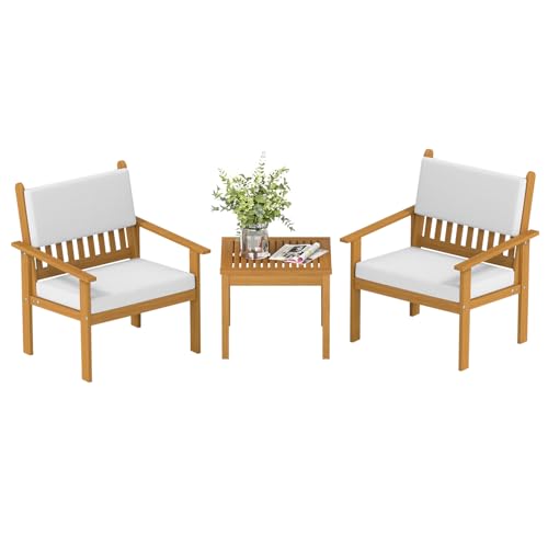 FDW 3-Piece Patio Furniture Set Acacia Wood Patio Bistro Set Outdoor Chat Conversation Table Chair Set Wood Chat Set with Water Resistant Cushions and Coffee Table Chairs for Beach Backyard Garden