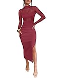 Caracilia Womens Mesh Dress Long Sleeve Mock Neck Bodycon Sheer Going Out Cocktail Night Club Midi Dresses 3 Piece Outfits Wine Red