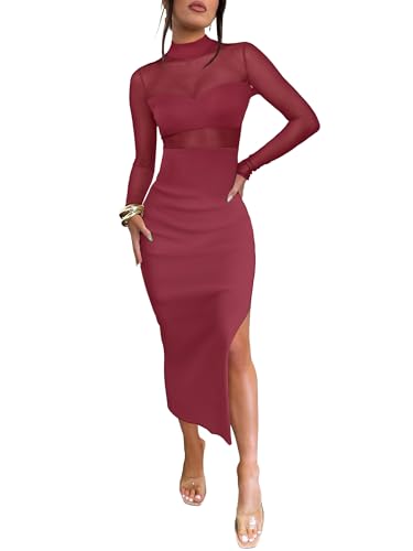 Caracilia Womens Mesh Dress Long Sleeve Mock Neck Bodycon Sheer Going Out Cocktail Night Club Midi Dresses 3 Piece Outfits Wine Red