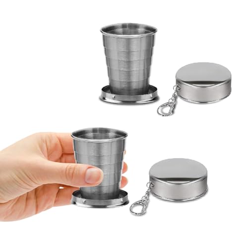 HYSENE 2 Pcs Stainless Steel Collapsible Cup, Foldable Cup with Lid and Keychain, Collapsible Cups for Traveling, Camping, Hiking, Biking and Daily Use (Small 2.5oz)