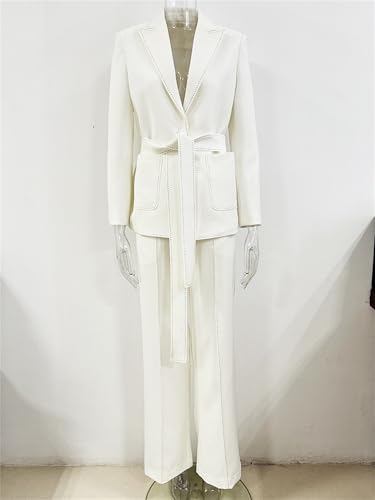 Women's Elegant 2 Pcs Set Lapel Lace-up Waist Bright Line Blazer Coat High Waist Solid Pant Female's Cotton Suit Set2