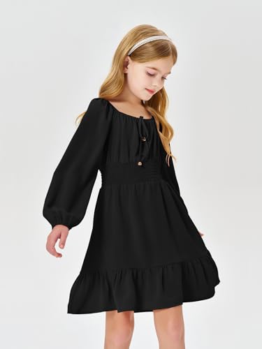 Girls Long Sleeve Square Neck Casual Boho Smocked Short Dresses 5-14 Years4