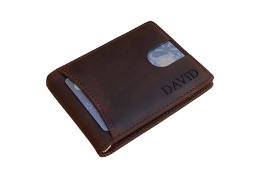 Personalized Minimalist Wallet For Men Custom Engraved Slim Wallet Customized Monogram Leather Wallet Gift For Father's Day Him Husband Boyfriend Dad Son Anniversary Graduation Birthday (DARK BROWN)